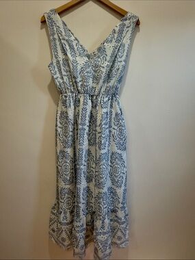 Luisa Perla Blue Floral V-Neck Midi Dress with ElasticWaist Eyelet Made in Italy